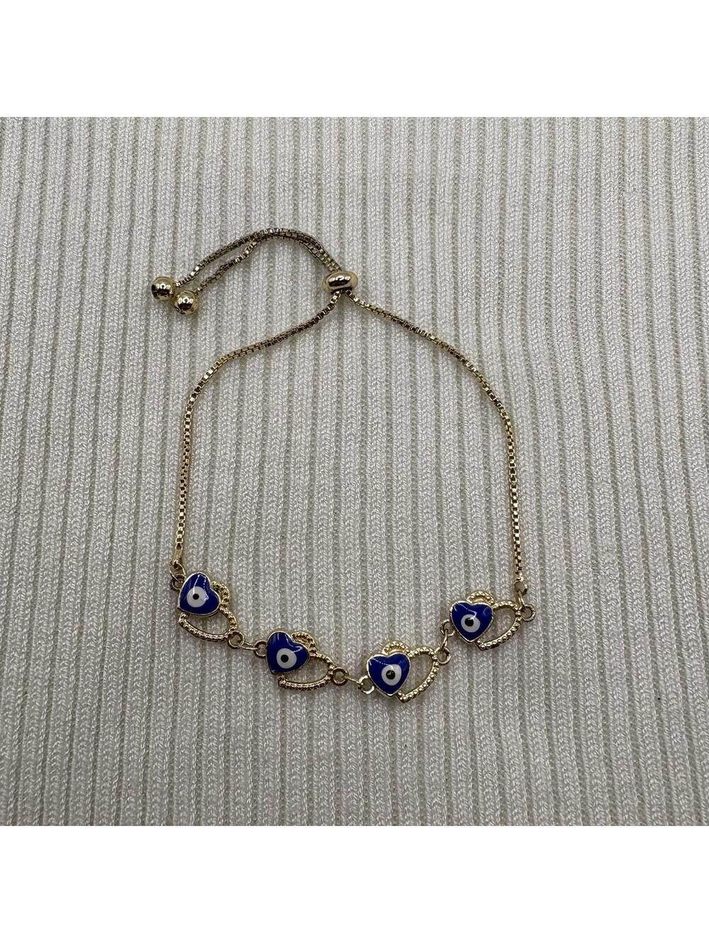 Blue Evil Eye Heart Adjustable Slider Bracelet Gold Tone